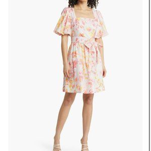 NWT Eliza J Women's Floral Print Puff Sleeve Eyelet‎ Belted Dress, Size 12